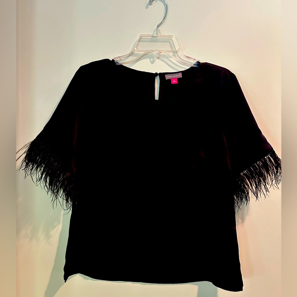 Vince Camuto Women’s Black Satin Blouse with Ostrich Feathers on Sleeves, Small